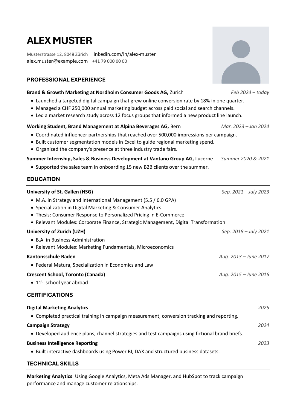 Preview of the included Swiss CV template, with fictional sample content